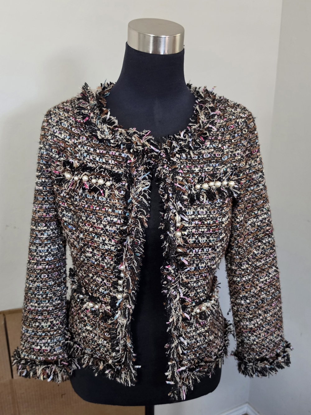 Lulumari Multicolor Tweed Fringe Pearl-Trim Jacket